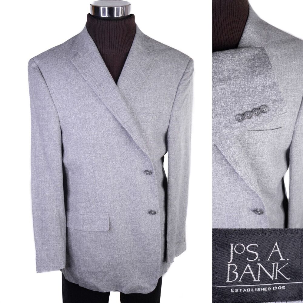 Jos. A. Bank Blazer Sport Coat Jacket Linen Wool 46R Crosshatch Gray 2-Button